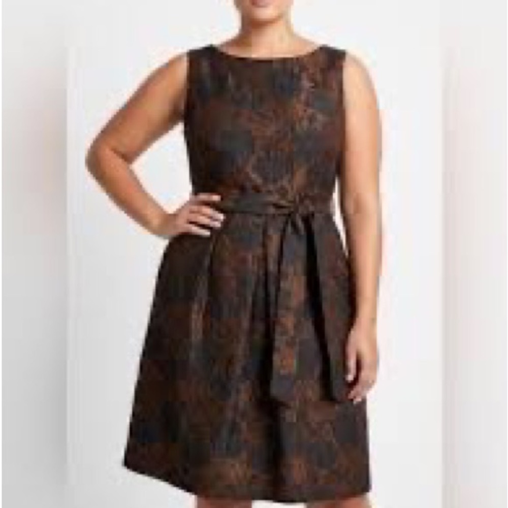 Talbots Sleeveless Knee Length Black Copper Floral Jacquard Sress; Waist Tie 18W